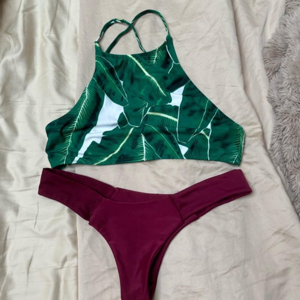 Green Leaf Print Bikini Top and Burgundy Bottom